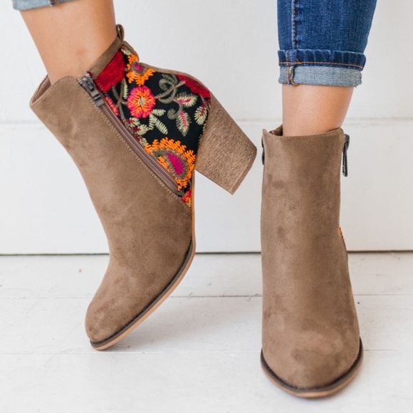 Shoes - Autumnal Floral Taupe Block Heel Booties
